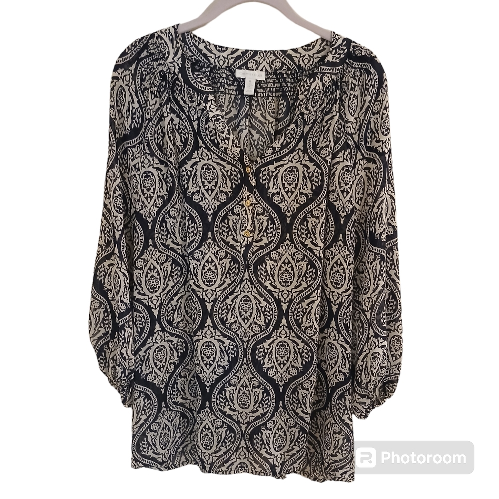Charter Club Women's Navy Floral Top With Gold Tone Buttons Size XL